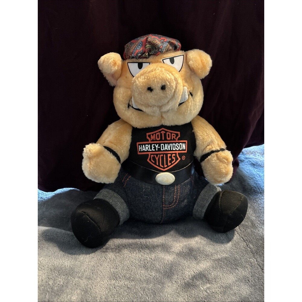#85 Harley-Davidson Plush Pig Toy With Bandana Denim Pants Black Shirt